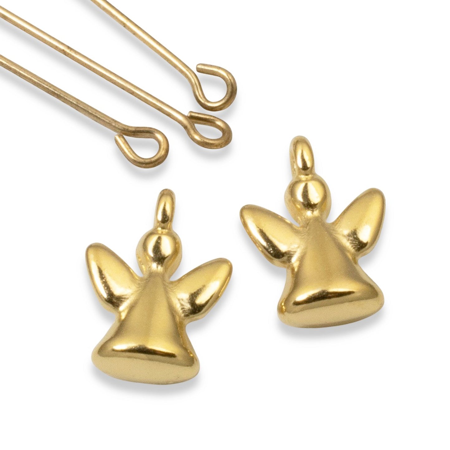 Hackberry Creek 24K gold-plated 3D guardian angel charms for jewelry making, featuring a polished metallic finish.