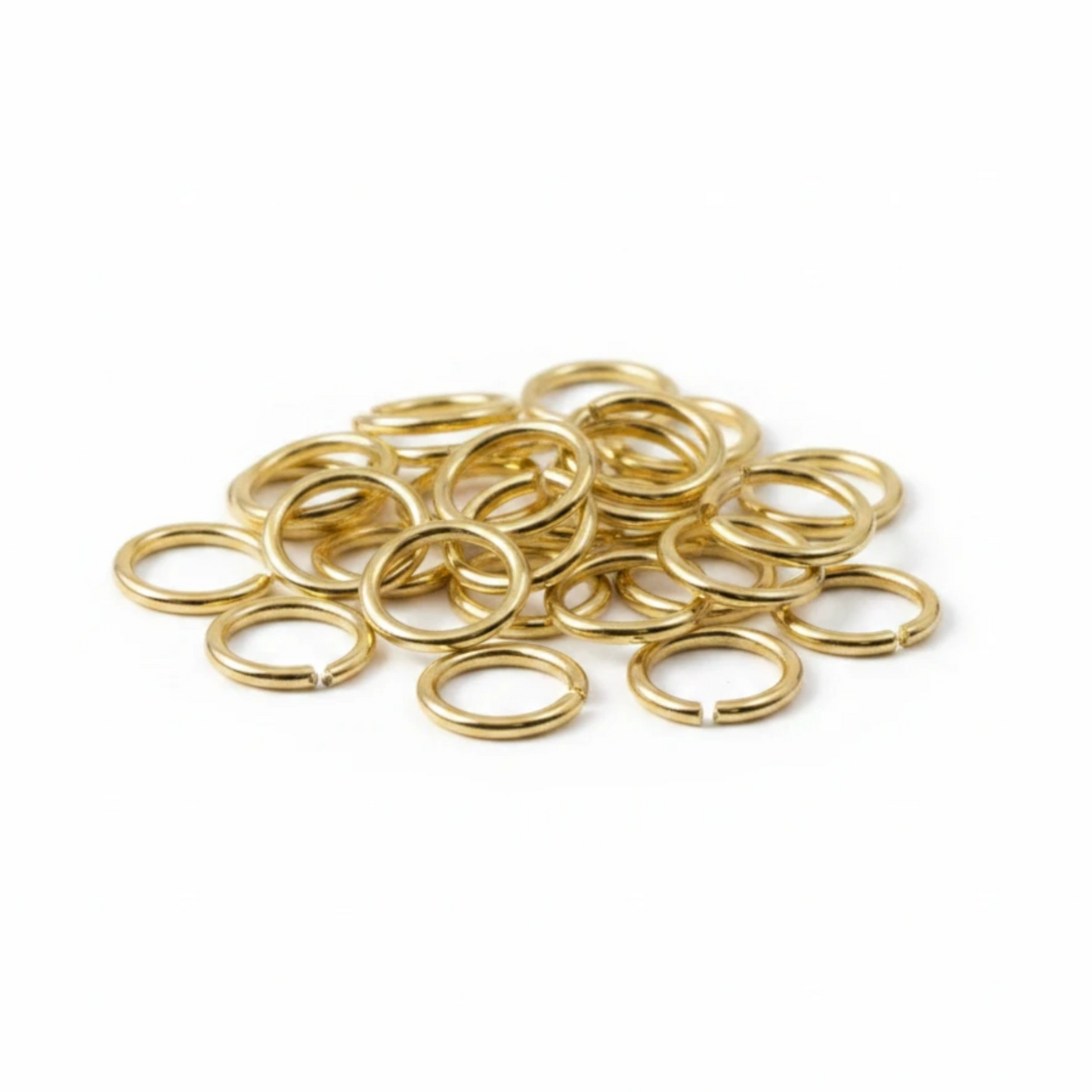 Hackberry Creek 10mm bright gold jump rings made of 15 gauge 304 stainless steel for jewelry making.