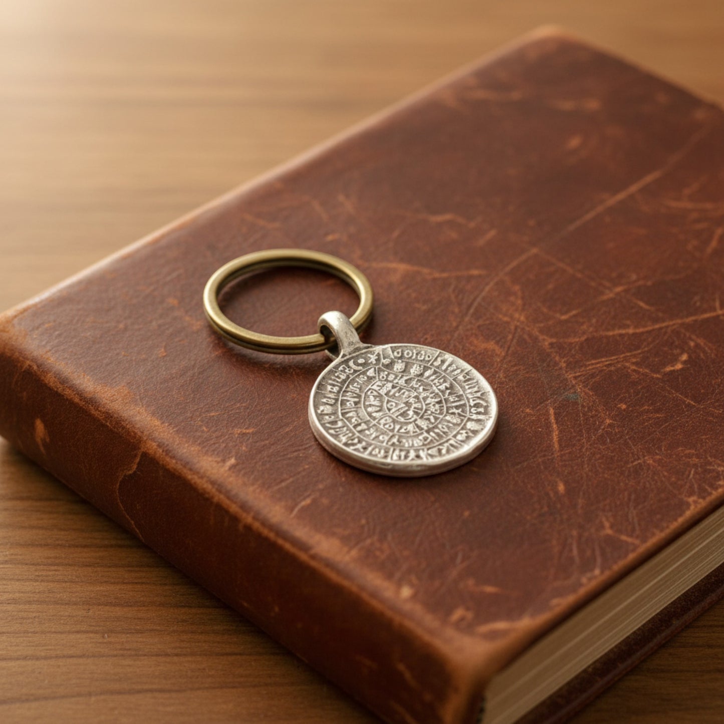 Hackberry Creek silver-plated Zamak Phaistos Disc pendant with ancient Greek spiral script, 25mm.