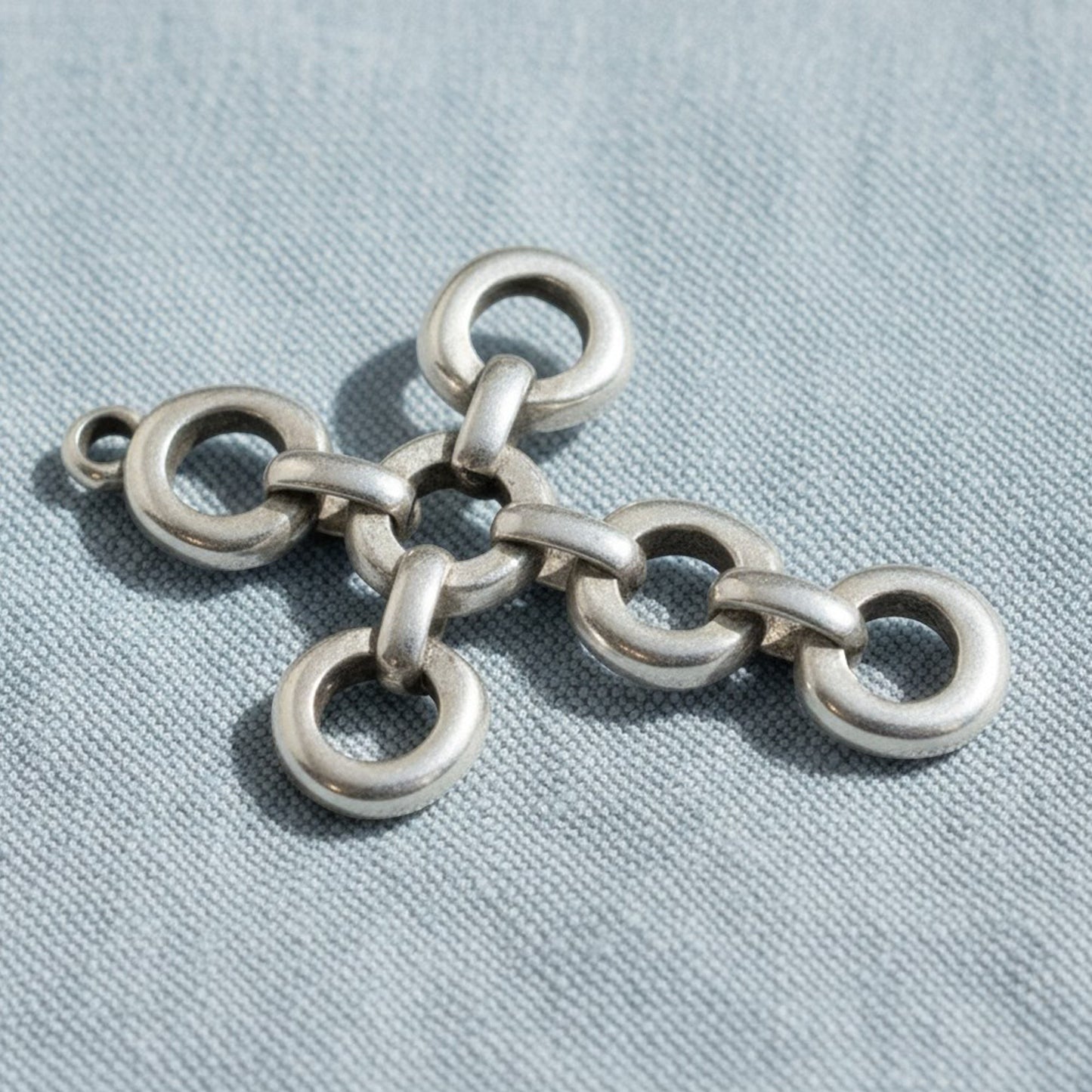 Hackberry Creek antique silver plated open chain link cross pendant with multiple connectors. European cast metal.
