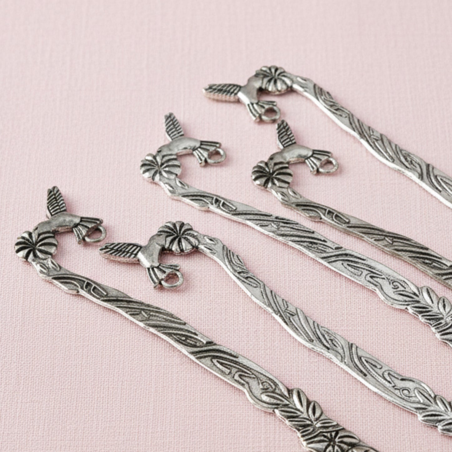 Hackberry Creek set of 5 antique silver zinc alloy metal bookmark blanks with hummingbird and flower designs
