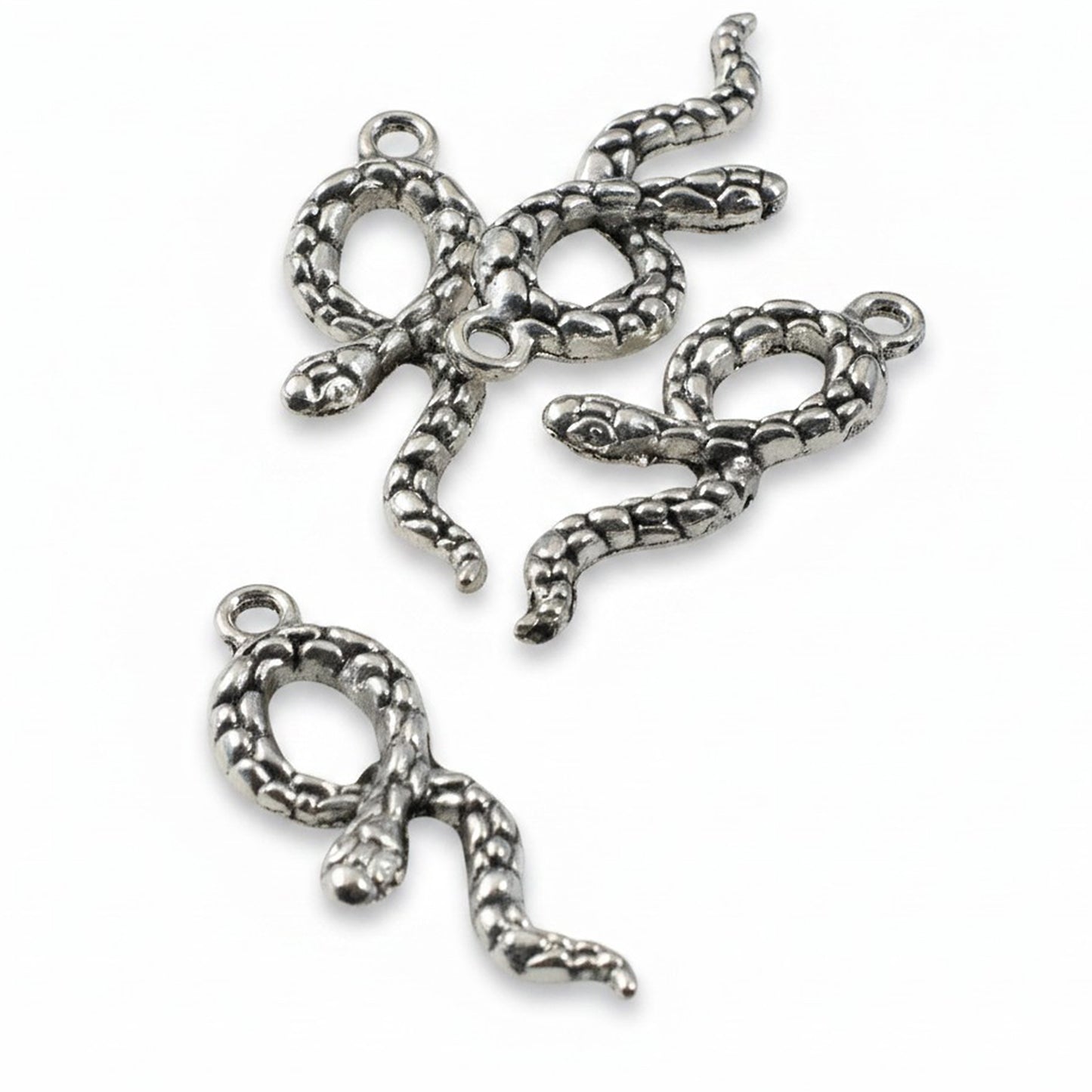 Silver Snake Charms: Antique Finish 3D Serpent Pendant Jewelry Making 10-Pack