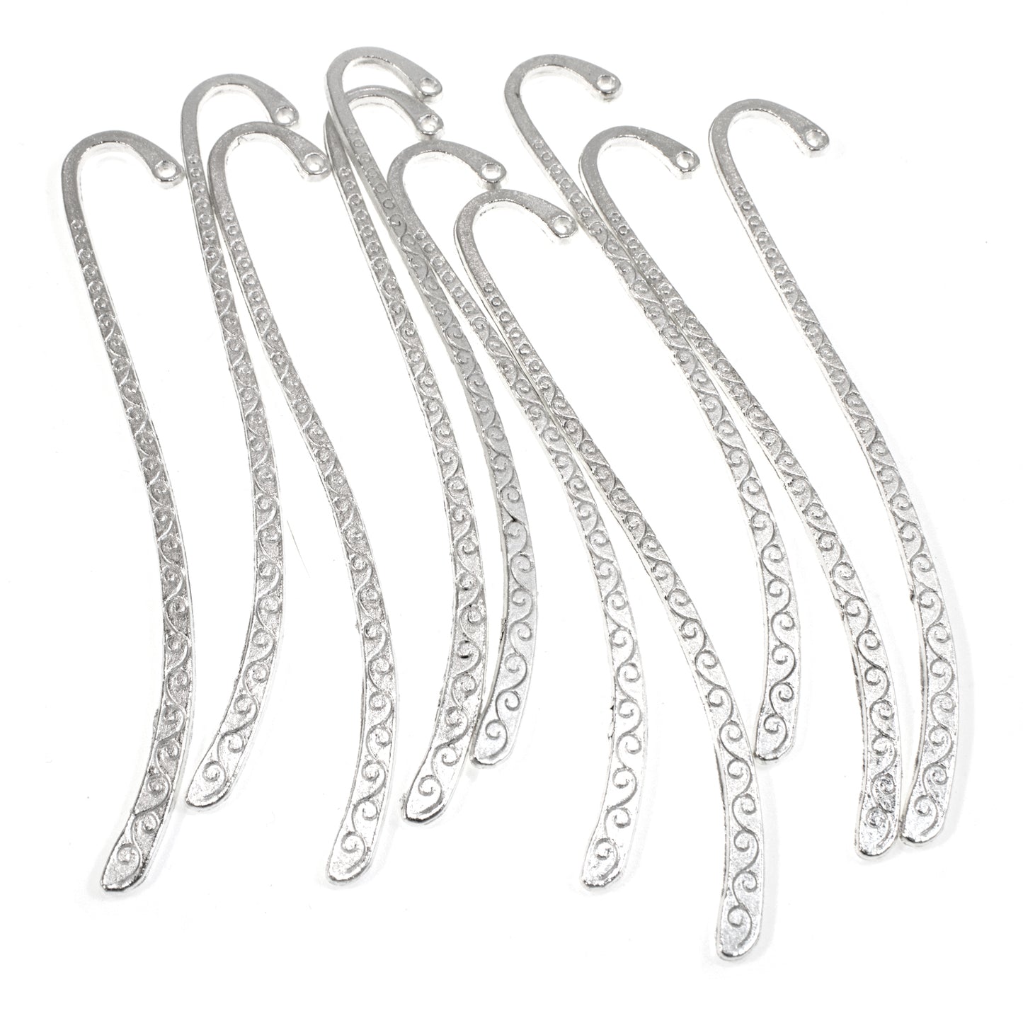 10 Tibetan-Style Silver Swirl Metal Bookmarks, Small 3 3/8" Hook Shaped Blanks