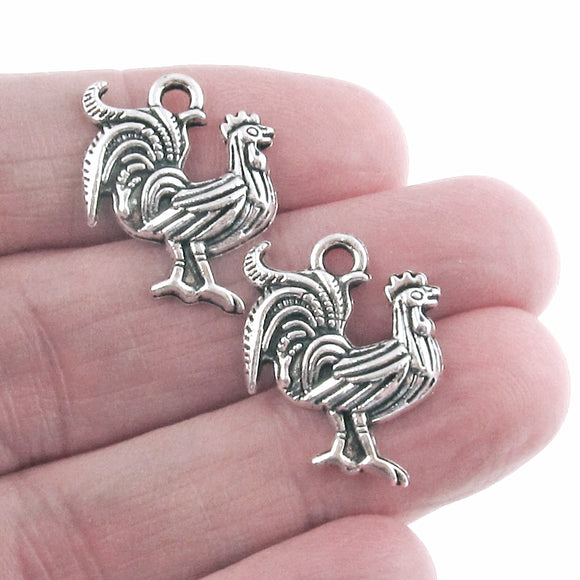 10 Rooster Charms - Silver Rustic Chicken Pendants - DIY Jewelry and Crafts