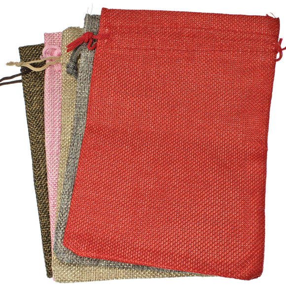 5 Burlap Fabric Drawstring Bags, Cloth Pouches, Mixed Colors 5