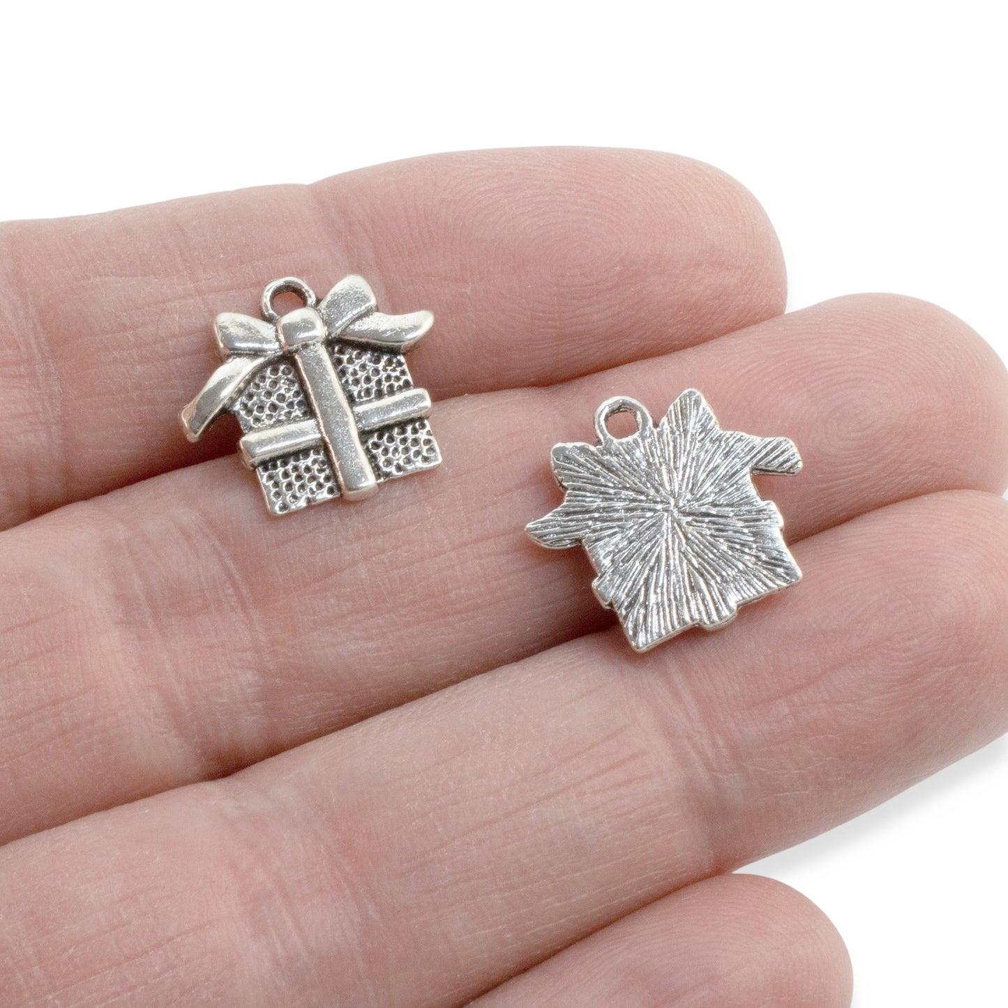 Silver Gift Box Charms 20 Pack, Christmas Birthday Present Bow Design, Holiday Jewelry Making Supplies