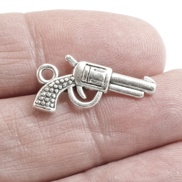 20 Silver Gun Charms - Vintage Revolver Pistol Design - Ideal for Jewelry & Crafts