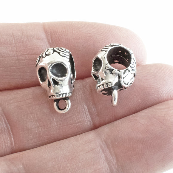 2 Silver Skull Bails with Large 6mm Holes, TierraCast Bails for Leather Cord