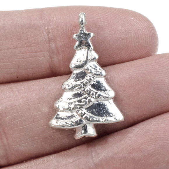 5 Bright Silver Christmas Tree Pendants, Holiday Charms, Horizontal Loop