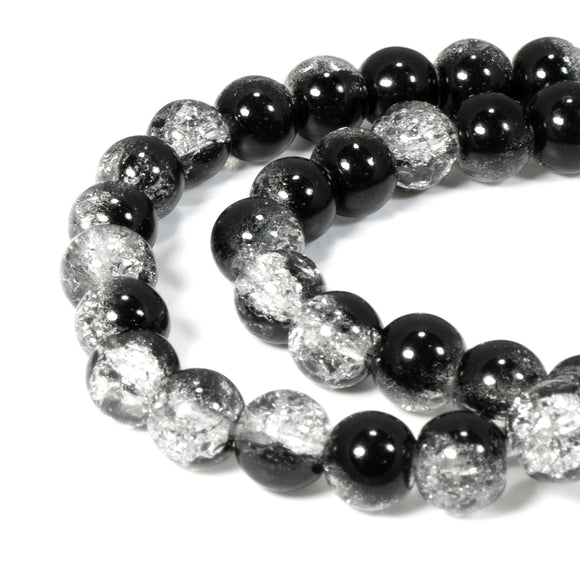 50-Pack 8mm Black & Clear Crackle Glass Beads, Two-Tone Beads for DIY Jewelry