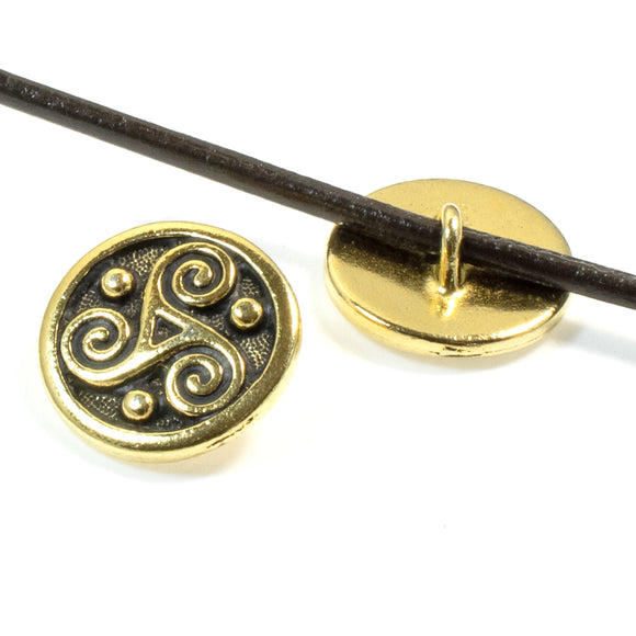 2 Gold Triple Spiral Celtic Buttons, Triskele Symbol, Shank Back