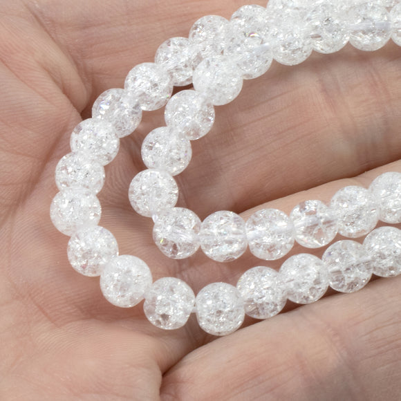 6mm Clear Snowy White Round Glass Crackle Beads, 68pcs/15