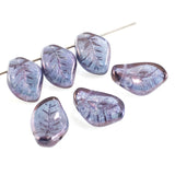 25 Lumi Amethyst Blue Leaf Beads, Czech Glass Curved Leaves for DIY Jewelry