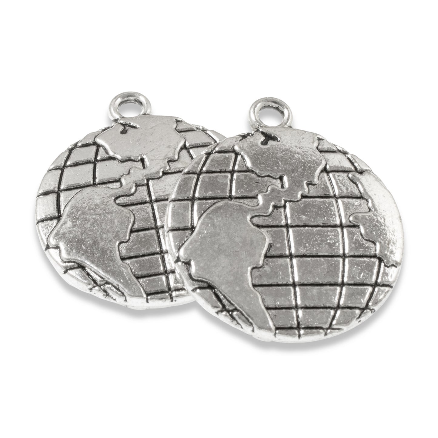 6 Silver Globe Pendants, Earth Map for Travel-Inspired Jewelry or Keychains