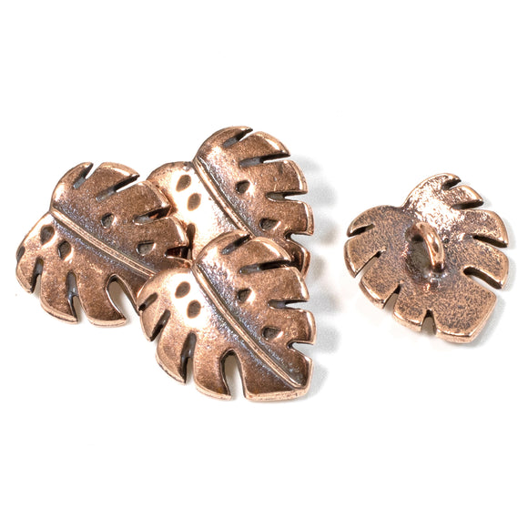 4 Copper Monstera Leaf Buttons, TierraCast Leather Clasp + Shank Back, Tropical Leaf Design for Crafts and Clothing