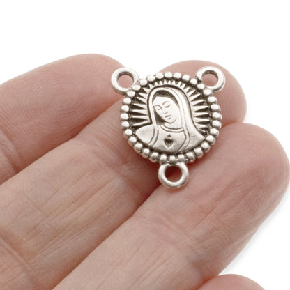 Silver Our Lady Rosary Connector Links, 2-Pack Religious Center Charms, Catholic Jewelry Supplies