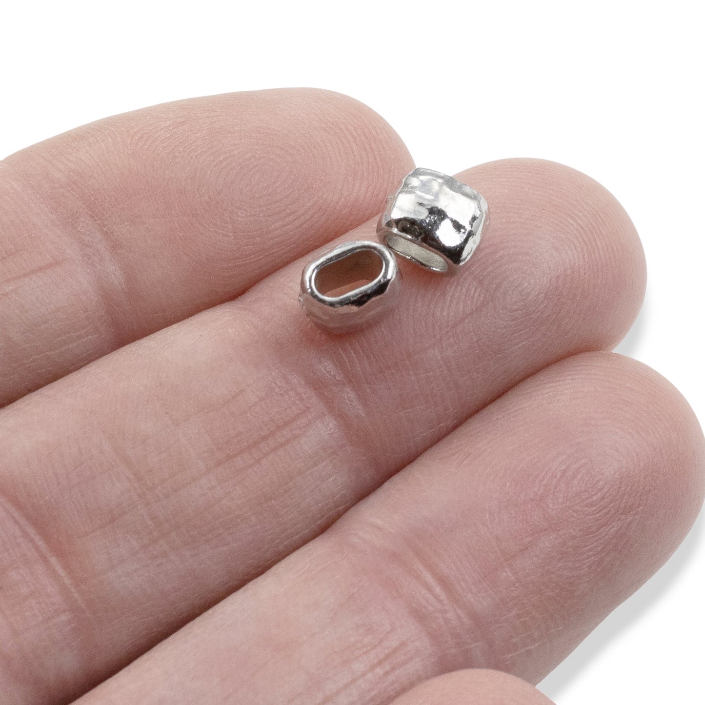 White Bronze Hammered Barrel Crimp Beads: Large Hole Leather Cord Spacers 10-Pack