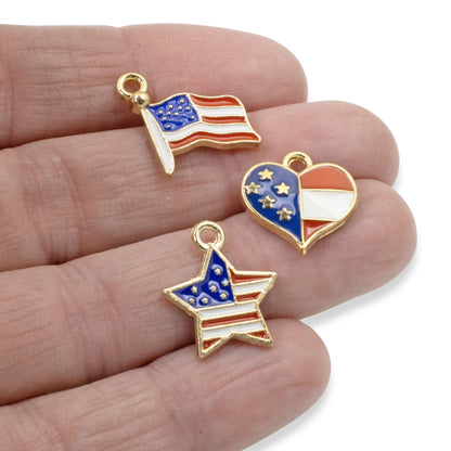 USA Flag Charm Set - 6-Pack Heart, Flag & Star Charms, Patriotic Jewelry, Crafts