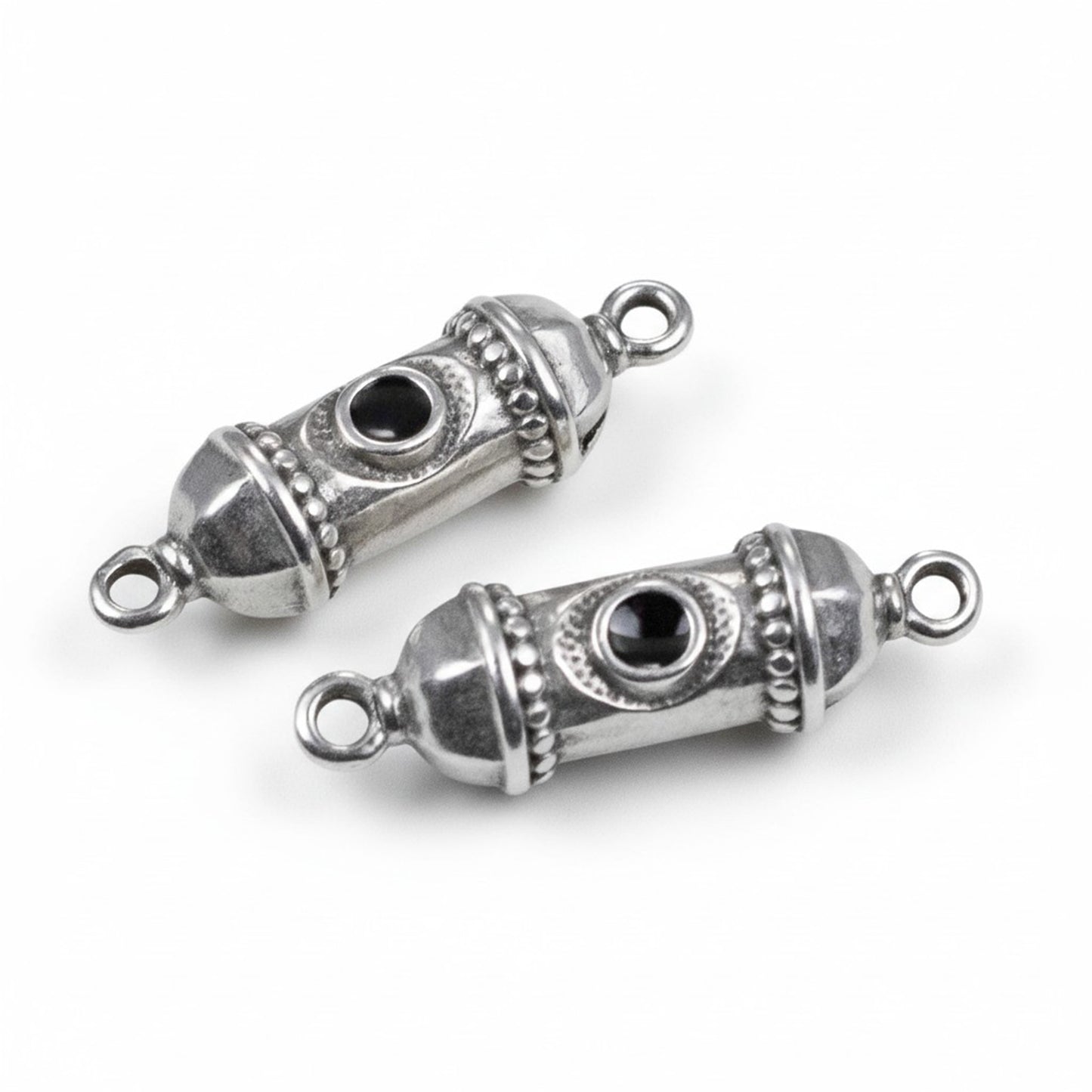 Silver Prayer Amulet Pendant 2Pcs, Antique Deco Connector with Black Enamel, Spiritual Jewelry Supply