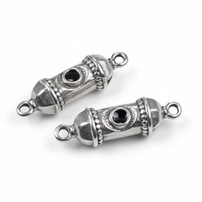 Silver Prayer Amulet Pendant 2Pcs, Antique Deco Connector with Black Enamel, Spiritual Jewelry Supply