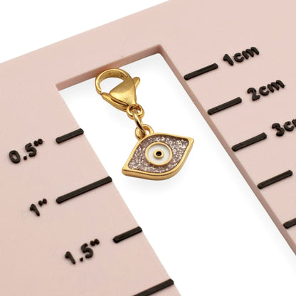 Gold Evil Eye Charm: 24K Gold Plated Pink Glitter Enamel Clip On Lobster Clasp Protection Symbol 1-1/8 Inch