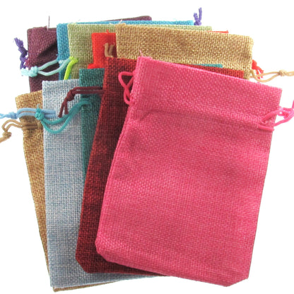 Burlap-Style Fabric Drawstring Bags, 10-Pack Assorted Colors, Rustic Cloth Pouches