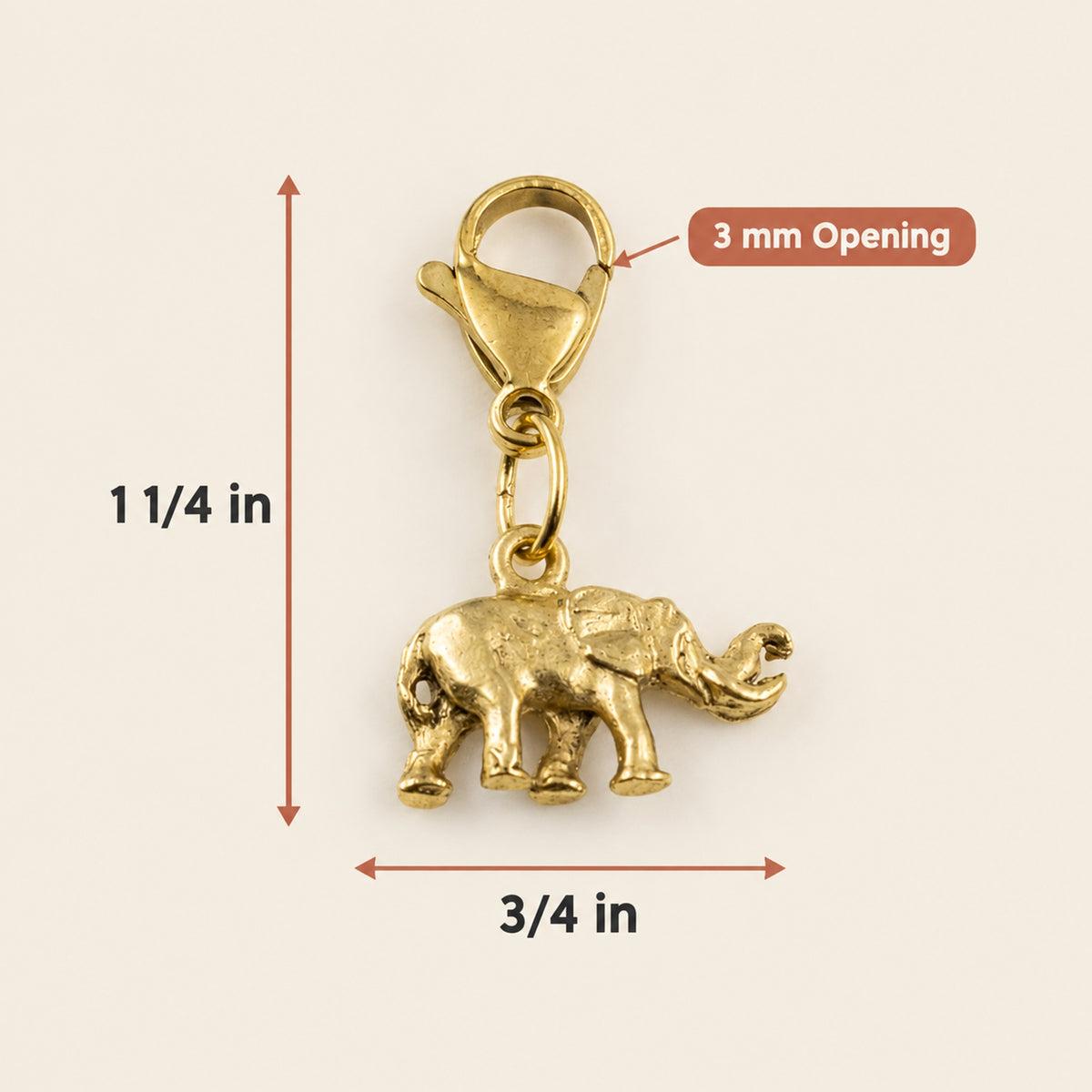 Elephant Clip-On Charm, 24K Gold Plated Pewter, Lobster Clasp Bag Accent