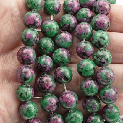 10mm Ruby Zoisite Beads, Round Green Pink Gemstone, Full Strand for DIY Jewelry