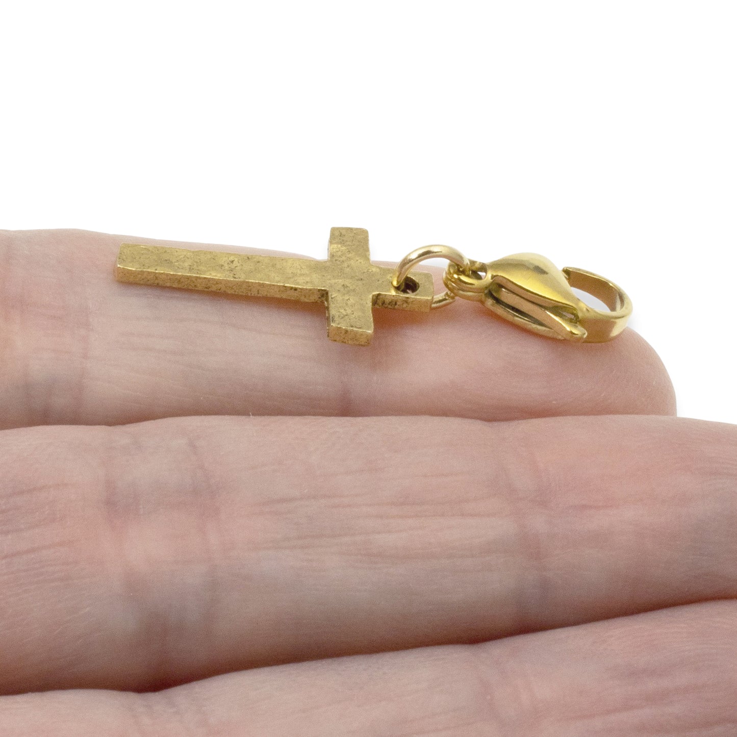 Gold Cross Clip-On Charm: 24k Plated Hammered Finish Religious Pendant Jewelry