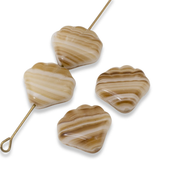 15 Czech Glass Shell Beads, Tan Stripe 14mm Shell Shaped Beads for Jewelry Making