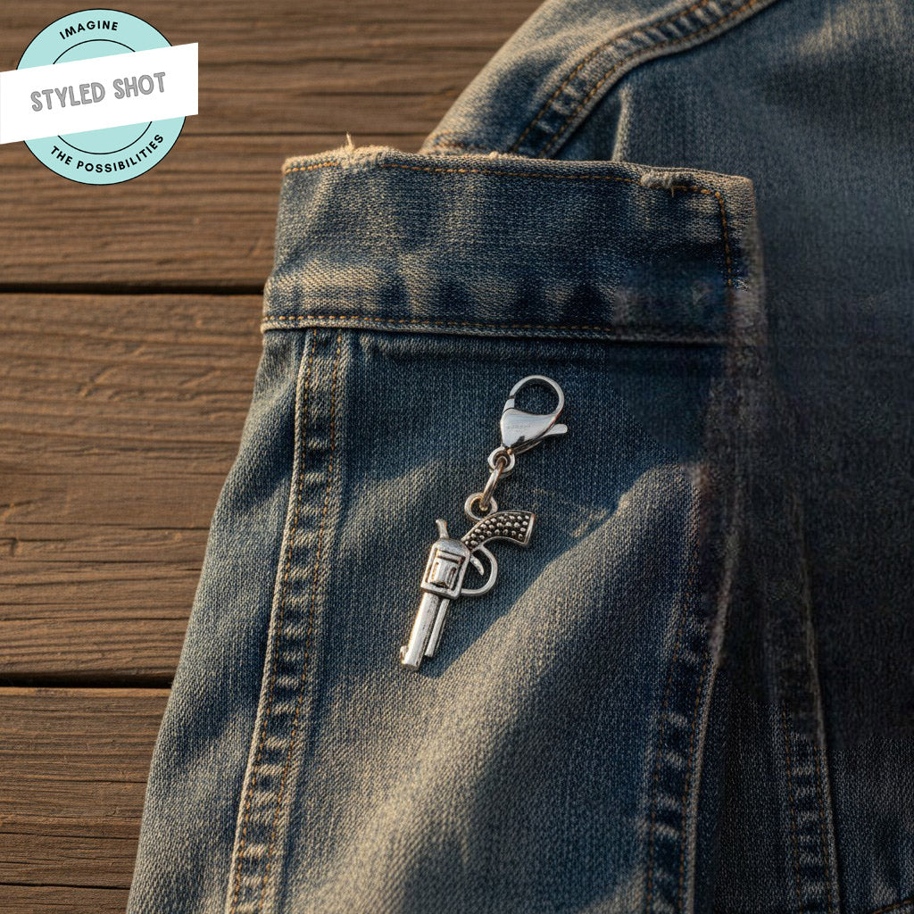 Gun Clip On Charm: Silver Six Shooter Revolver Purse Keychain Western