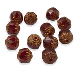 12 Faceted 8mm Crown Cathedral Beads - Garnet Red + Bronze Ends - Czech Glass