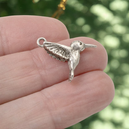 2 Pc Silver Hummingbird Charms, Fine Silver-Plated Nature Jewelry, Rustic Birds