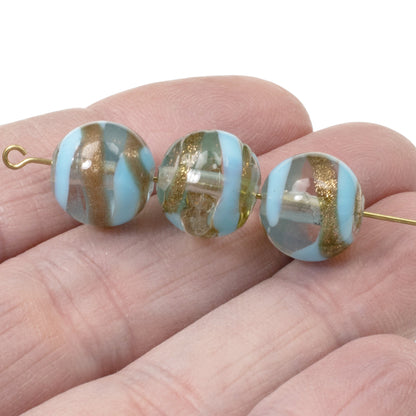 12 Aqua Lampwork Beads, Blue and Aventurine Swirl, For Handmade Jewelry & Crafts