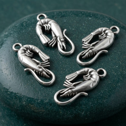 Shrimp Charm Silver Antique: Ocean Coastal Sea Life Boho Pendant 4-Pack