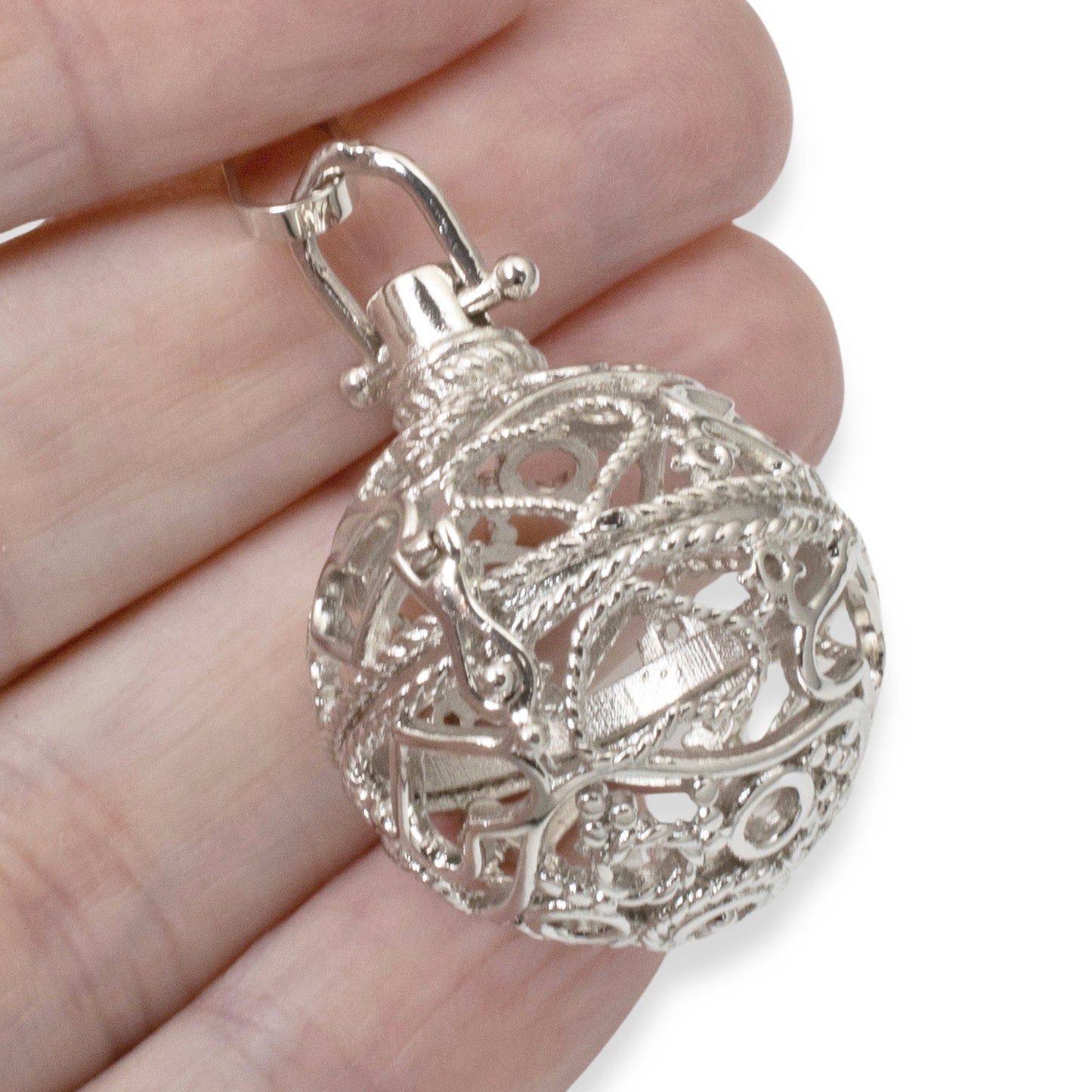 Silver Cage Pendant + Heart Design - Hollow Round Locket - Gemstone or Bead Holder