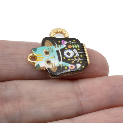 6 Enamel Cat in Teacup Charms - Whimsical Kitty Pendants - DIY Jewelry Making