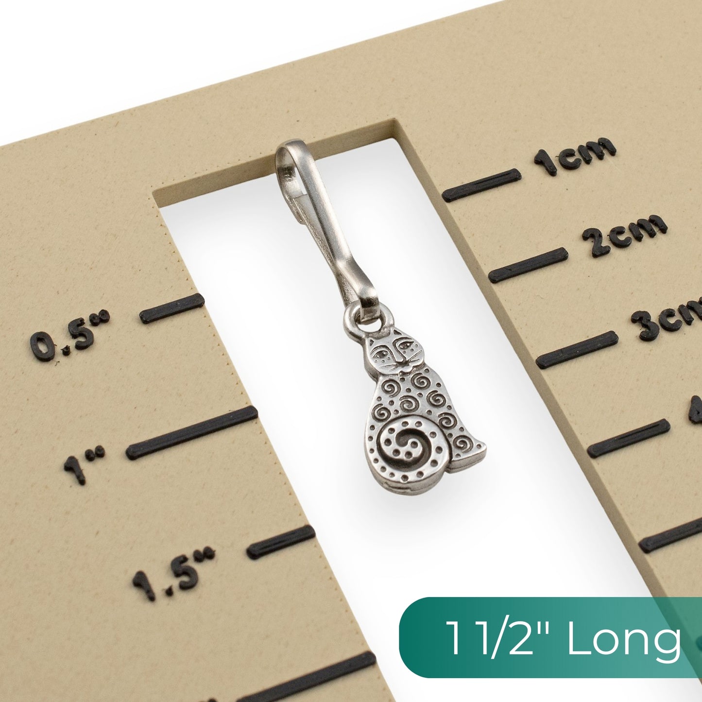 Silver Sitting Cat Zipper Charm: Double Sided Spiral Design Bag Journal Keychain Gift for Cat Lovers