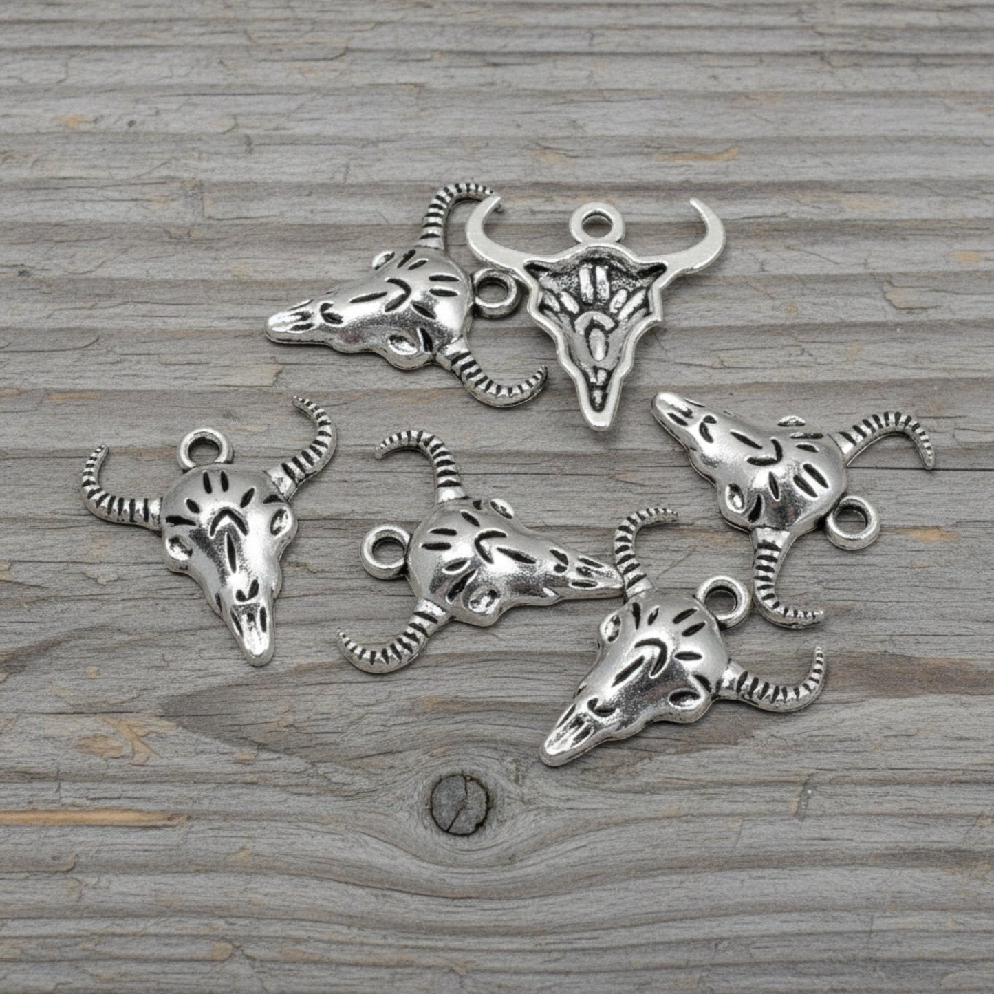 Silver Cow Skull Charms: Western Longhorn Bull Skeleton Jewelry 15-Pack