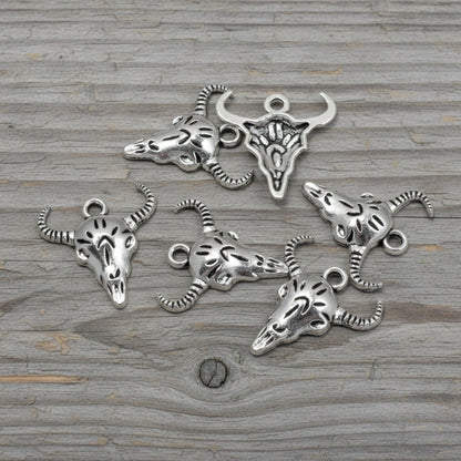 Silver Cow Skull Charms: Western Longhorn Bull Skeleton Jewelry 15-Pack