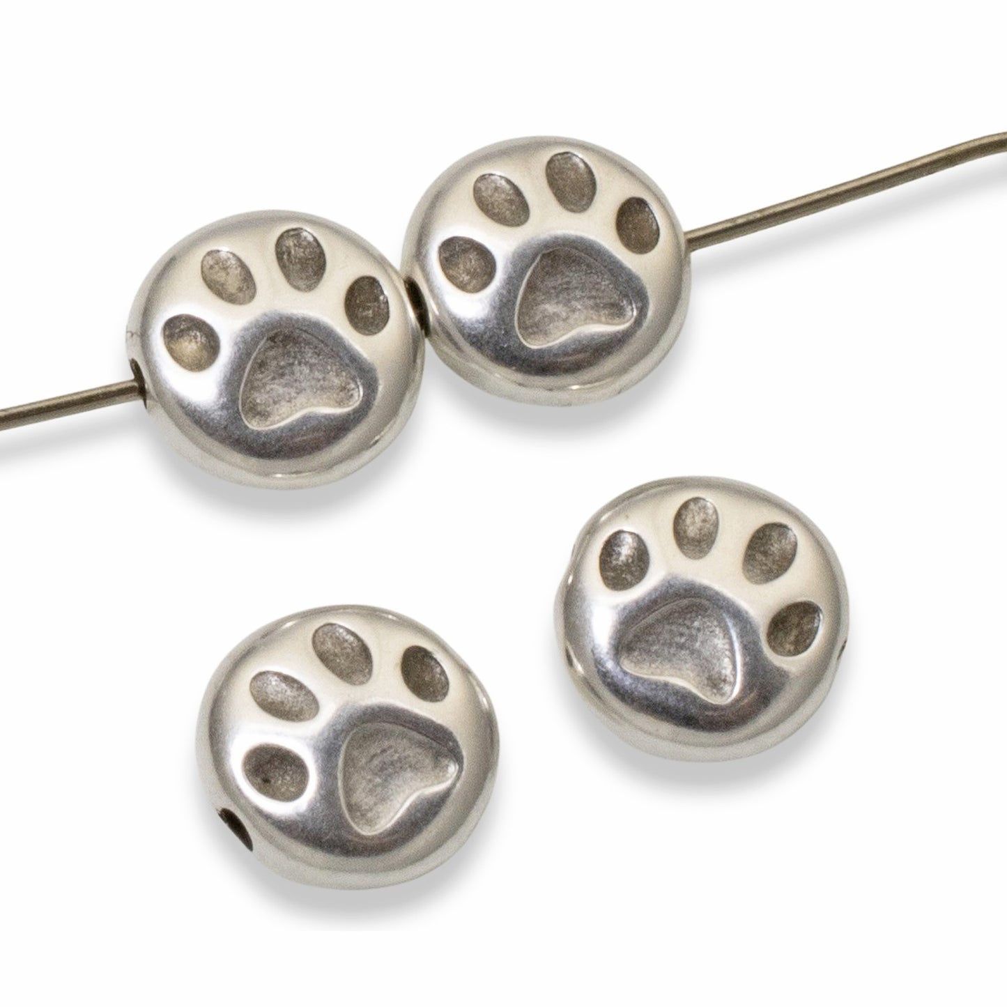 Paw Print Beads 4-Pack Silver Plated Pet Memorial Dog Cat Jewelry Making 9mm