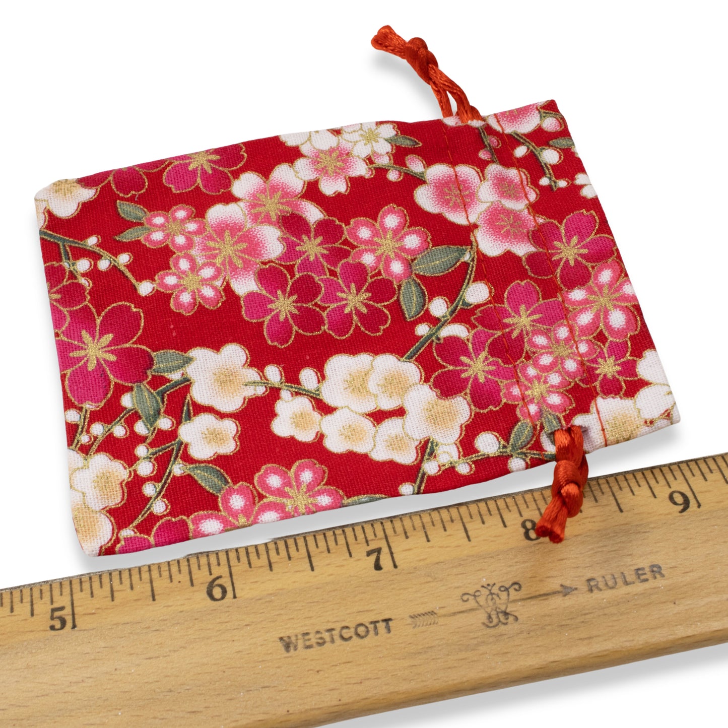 10 Red Floral Fabric Drawstring Bags - Small Cloth Pouches for Jewelry & Gifts