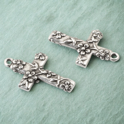 Silver Floral Cross Pendants, Silver-Plated Pewter Charms, DIY Rosary Making, Religious Jewelry Supplies, Bridal Keepsake Components, 2 Pack