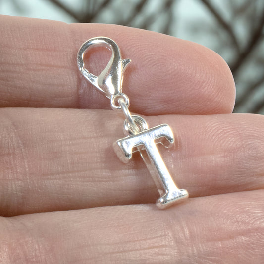 Silver Letter T Charm, Initial Alphabet Clip-On, Personalized Jewelry, Custom Initial Charm