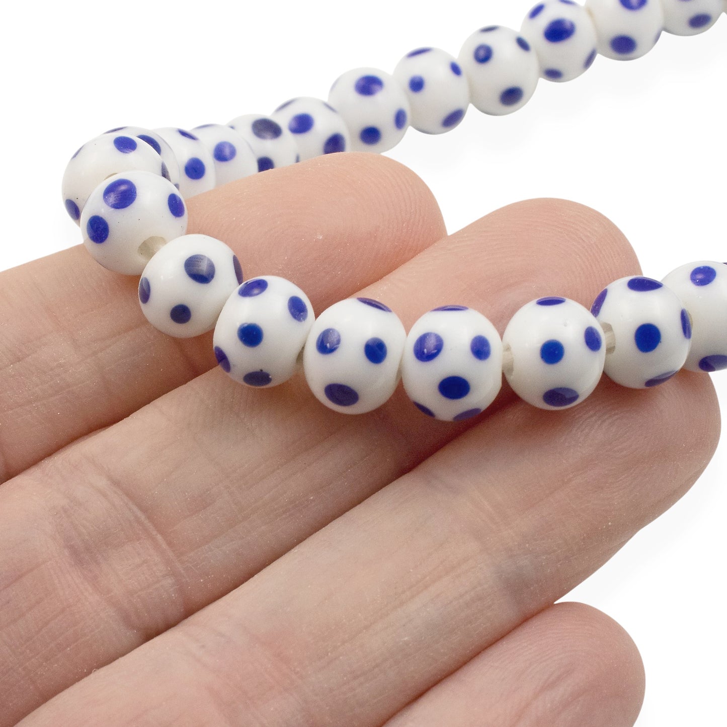 Blue Dots White Lampwork Glass Beads, Handmade Indonesian, 8mm Round Spotted Beads, 58Pcs per 17" Strand