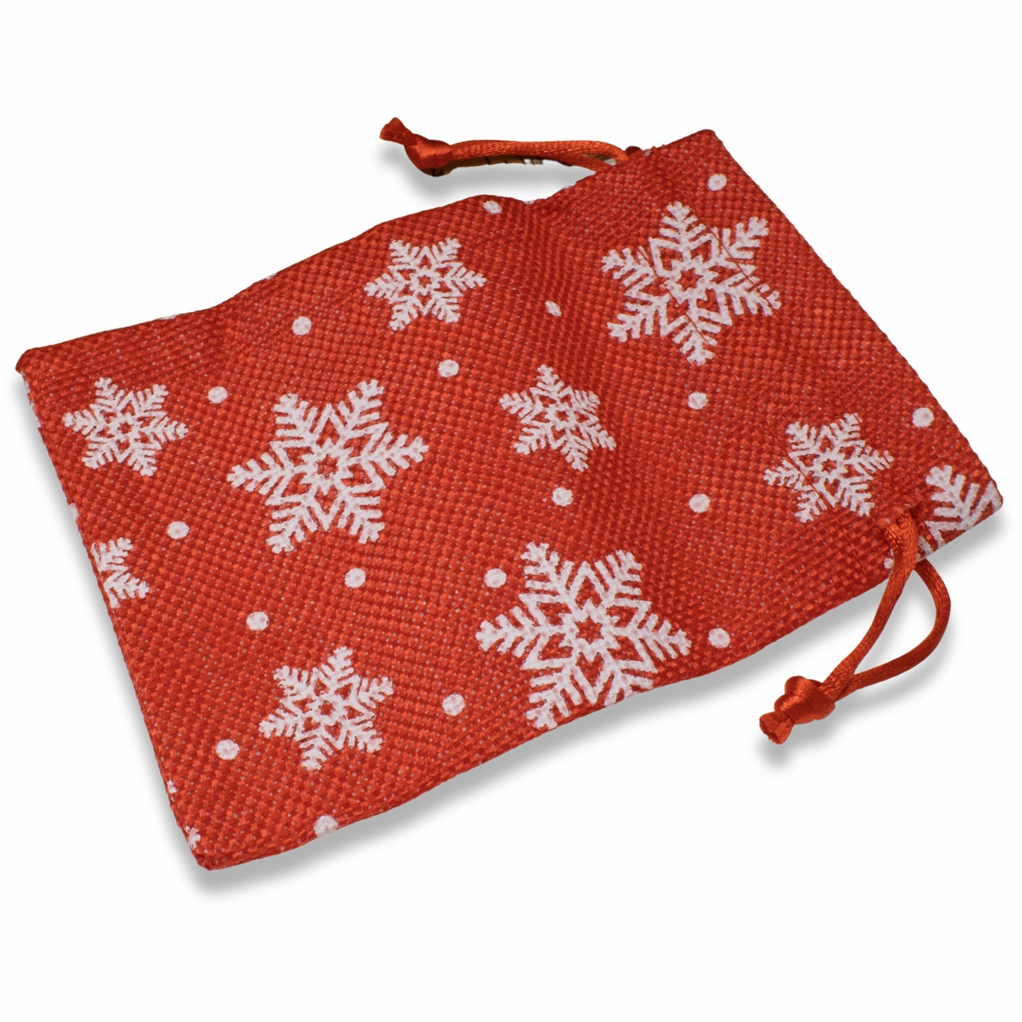 5 Red + White Snowflake Fabric Drawstring Bags, Christmas Cloth Pouches