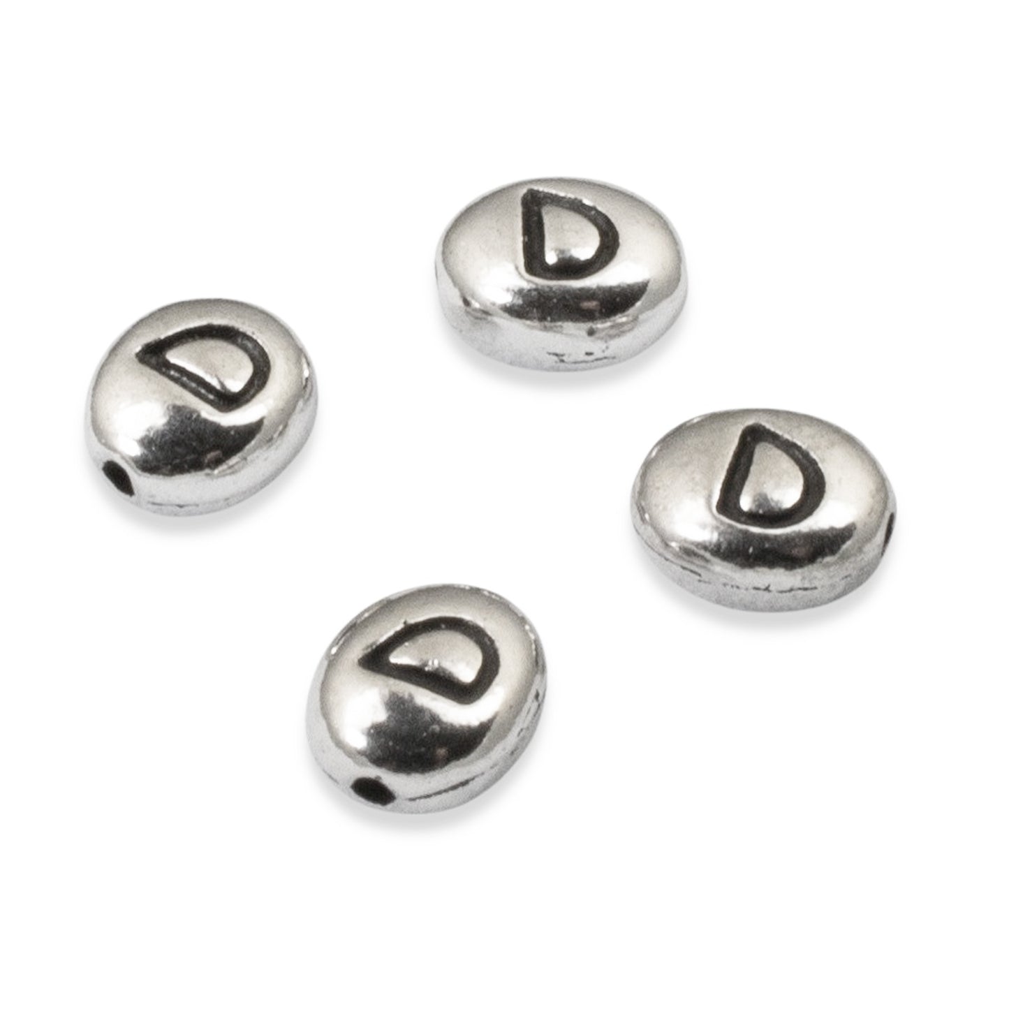 4 Silver "D" Alphabet Beads, Oval Initial Letter For Personalized Jewelry Making