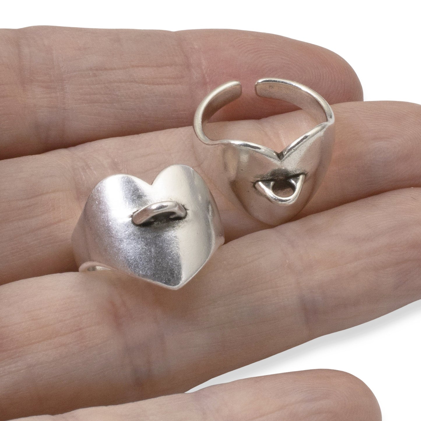 Silver Heart Ring with Charm Loop: Adjustable DIY Ring Base 2-Pack Set