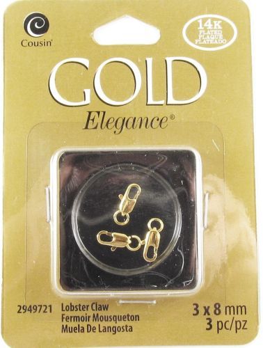 3/Pkg Small Gold Lobster Claw Clasps, Gold Elegance 14K Plated 3 x 8mm