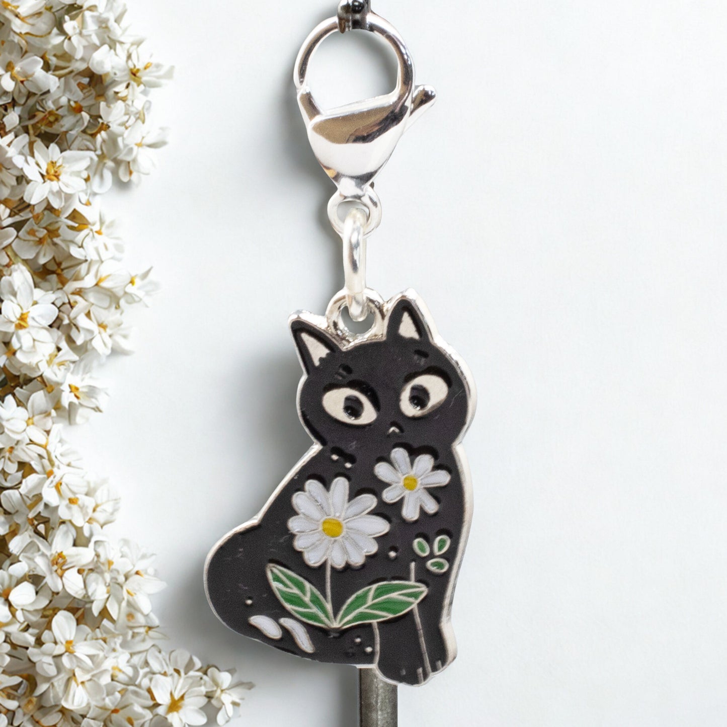Black Cat Daisy Clip-on Charm, Zipper Pull, Bag Accessory, Cat Lover Gift